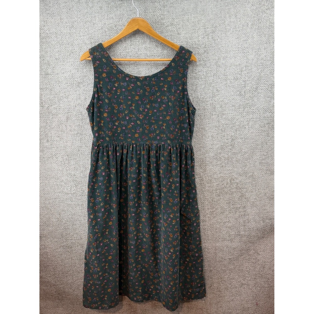 Vintage LL Bean Corduroy Dress Women's L Green Floral Button Front Midi Pockets - Picture 4 of 10